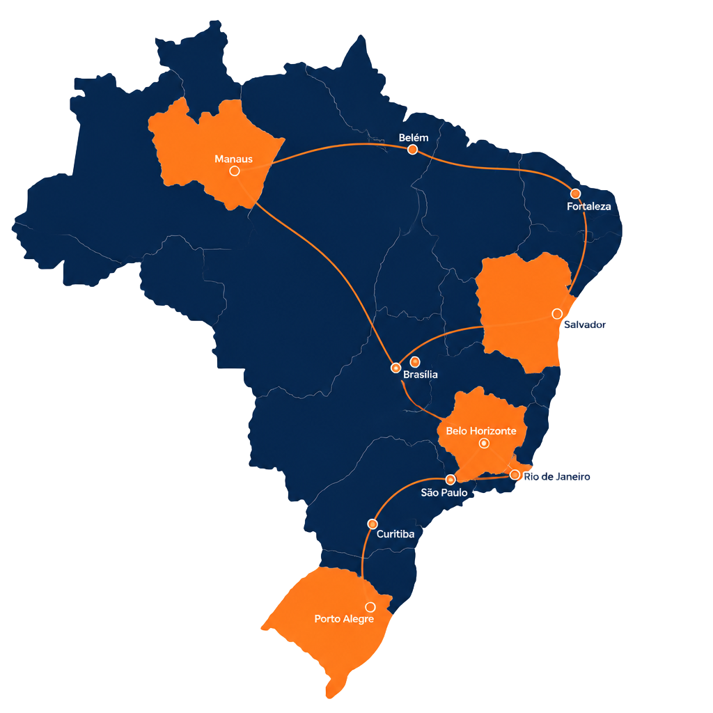 Mapa do Brasil com as rotas atendidas pela Brasrota Transportes